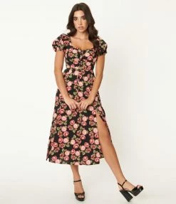 Unique Vintage Black & Pink Floral Midi Dress Sale