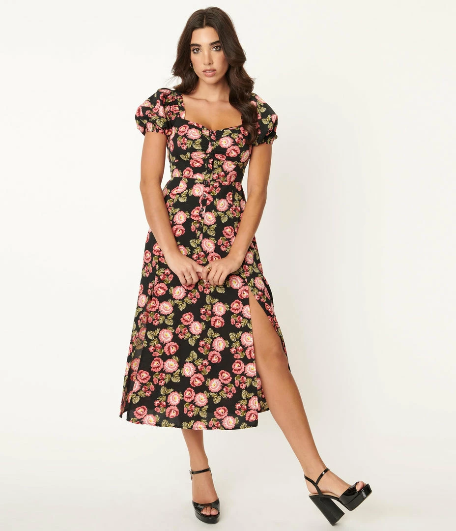 Unique Vintage Black & Pink Floral Midi Dress Sale