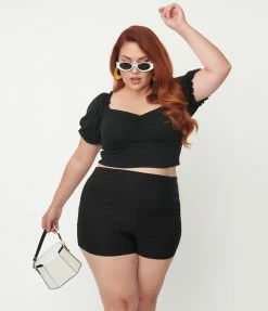 Sale Unique Vintage Plus Size Black Easy Breezy Shorts