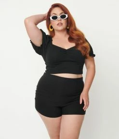 Sale Unique Vintage Plus Size Black Easy Breezy Shorts