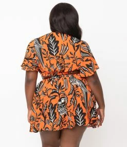 Unique Vintage Plus Size Orange & Black Tropical Parrot Print Dottie Crop Top
