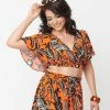 Unique Vintage Orange & Black Tropical Parrot Print Dottie Crop Top Sale