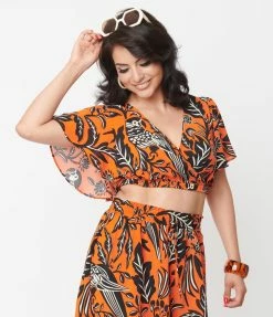 Unique Vintage Orange & Black Tropical Parrot Print Dottie Crop Top Sale