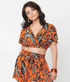 Unique Vintage Orange & Black Tropical Parrot Print Dottie Crop Top Sale