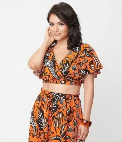 Unique Vintage Orange & Black Tropical Parrot Print Dottie Crop Top Sale
