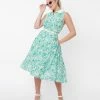 Sale Unique Vintage Green & White Paisley Floral Darlene Swing Dress