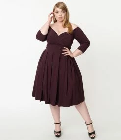 Unique Vintage Plus Size Eggplant Marceline Swing Dress