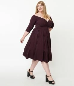 Unique Vintage Plus Size Eggplant Marceline Swing Dress