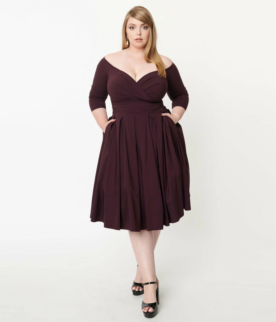 Unique Vintage Plus Size Eggplant Marceline Swing Dress