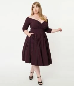 Unique Vintage Plus Size Eggplant Marceline Swing Dress
