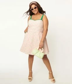 Sale Unique Vintage Plus Size Pink Plaid & Rainbow Follow Your Heart Fit & Flare Dress
