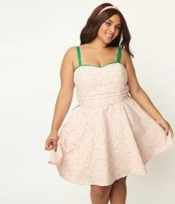 Sale Unique Vintage Plus Size Pink Plaid & Rainbow Follow Your Heart Fit & Flare Dress