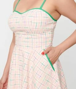 Unique Vintage Pink Plaid & Rainbow Follow Your Heart Fit & Flare Dress Sale
