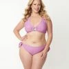 Swimwear Unique Vintage Plus Size Pink & Purple Floral Sweet & Sash-y Swim Bottom