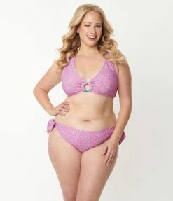 Swimwear Unique Vintage Plus Size Pink & Purple Floral Sweet & Sash-y Swim Bottom