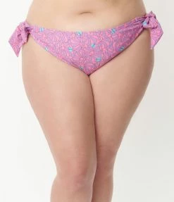 Swimwear Unique Vintage Plus Size Pink & Purple Floral Sweet & Sash-y Swim Bottom