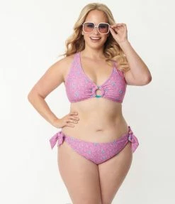 Swimwear Unique Vintage Plus Size Pink & Purple Floral Sweet & Sash-y Swim Bottom