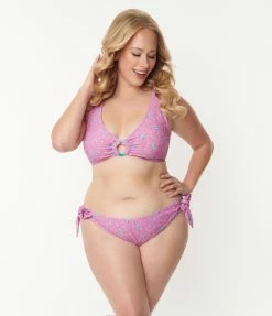 Swimwear Unique Vintage Plus Size Pink & Purple Floral Sweet & Sash-y Swim Bottom