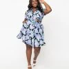 Unique Vintage Plus Size Black & Lilac Floral Print Briella Flare Skirt