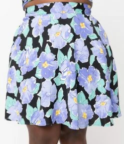 Unique Vintage Plus Size Black & Lilac Floral Print Briella Flare Skirt