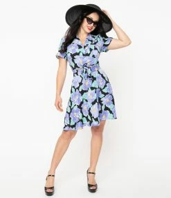 Sale Unique Vintage Black & Lilac Floral Print Briella Flare Skirt