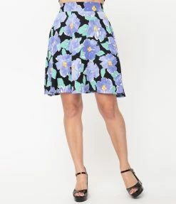Sale Unique Vintage Black & Lilac Floral Print Briella Flare Skirt