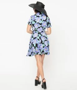 Sale Unique Vintage Black & Lilac Floral Print Briella Flare Skirt