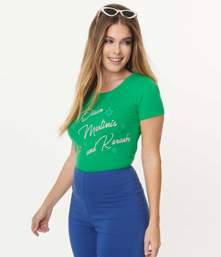 Unique Vintage Disco Martinis & Karaoke Fitted Graphic Tee Sale