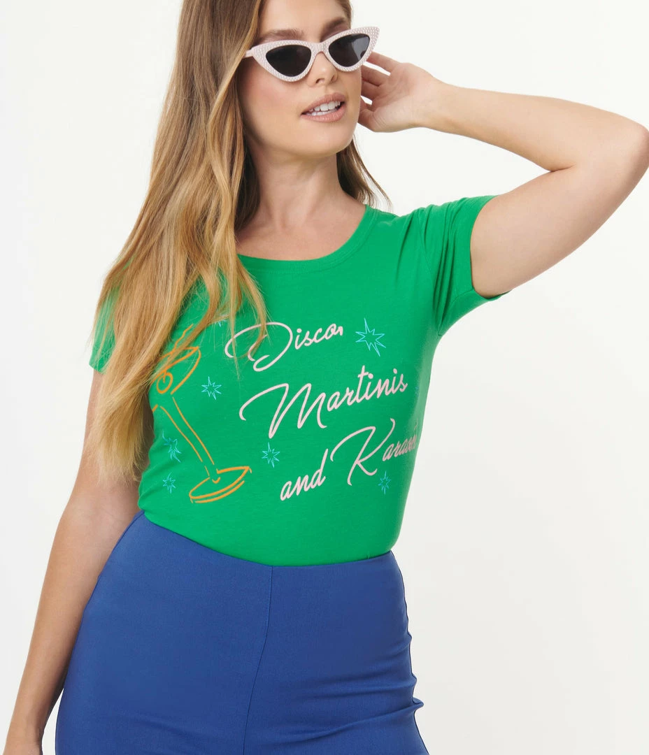 Unique Vintage Disco Martinis & Karaoke Fitted Graphic Tee Sale