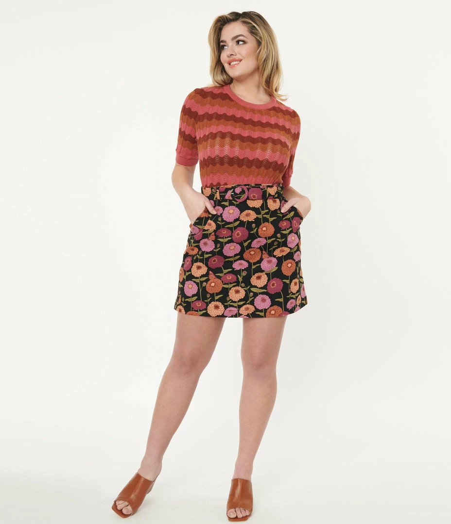 Factory X (Princess Highway) Black & Pink Zinnia Floral Mini Skirt