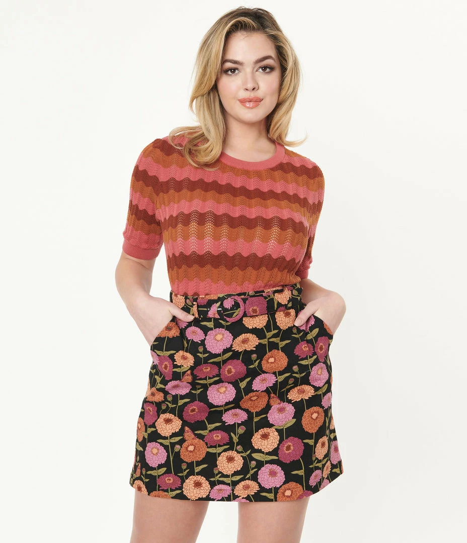 Factory X (Princess Highway) Black & Pink Zinnia Floral Mini Skirt