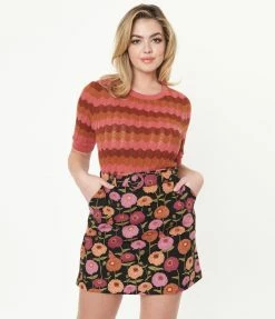 Factory X (Princess Highway) Black & Pink Zinnia Floral Mini Skirt
