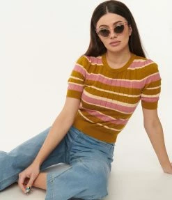 Factory X (Princess Highway) Sale Pink & Olive Green Stripe Knit Top