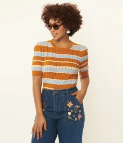 Factory X (Princess Highway) Light Blue & Saffron Stripe Knit Top Sale