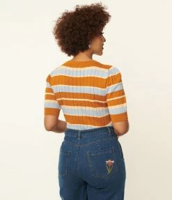 Factory X (Princess Highway) Light Blue & Saffron Stripe Knit Top Sale