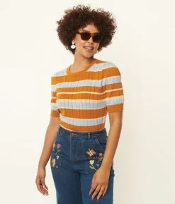 Factory X (Princess Highway) Light Blue & Saffron Stripe Knit Top Sale