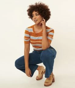 Factory X (Princess Highway) Light Blue & Saffron Stripe Knit Top Sale