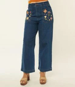 Factory X (Princess Highway) Blue Denim Embroidered Floral Jeans