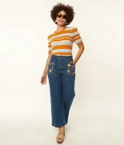 Factory X (Princess Highway) Blue Denim Embroidered Floral Jeans