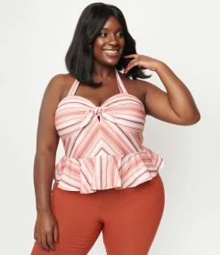 Unique Vintage Plus Size Coral & Peach Striped Peplum Halter Top Sale