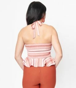 Sale Unique Vintage Coral & Peach Striped Peplum Halter Top