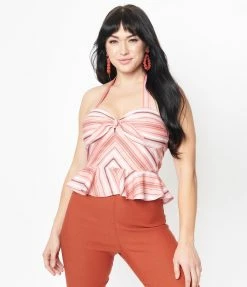 Sale Unique Vintage Coral & Peach Striped Peplum Halter Top