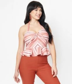 Sale Unique Vintage Coral & Peach Striped Peplum Halter Top