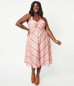 Unique Vintage Plus Size Coral & Peach Stripe Swing Dress Sale