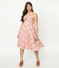 Unique Vintage Coral & Peach Stripe Swing Dress Sale