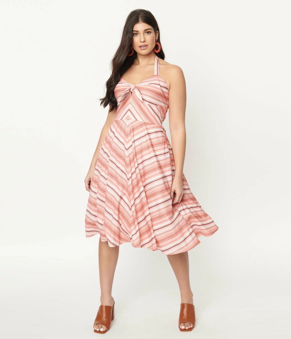 Unique Vintage Coral & Peach Stripe Swing Dress Sale