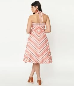 Unique Vintage Coral & Peach Stripe Swing Dress Sale