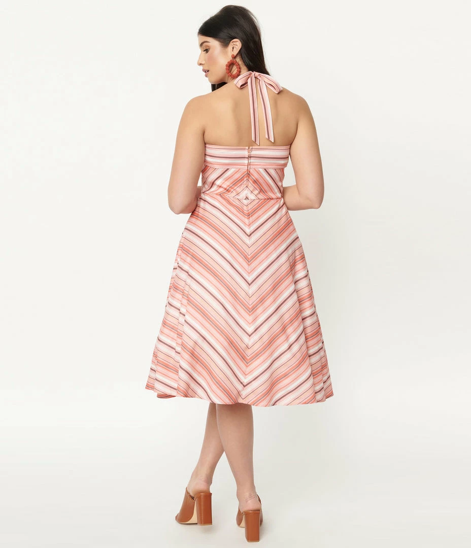 Unique Vintage Coral & Peach Stripe Swing Dress Sale