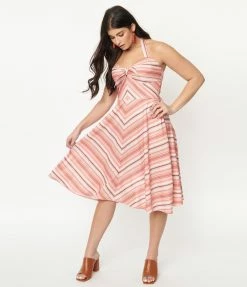 Unique Vintage Coral & Peach Stripe Swing Dress Sale