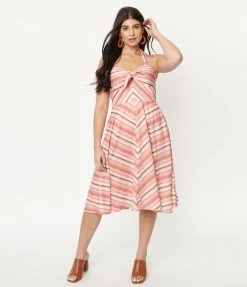 Unique Vintage Coral & Peach Stripe Swing Dress Sale
